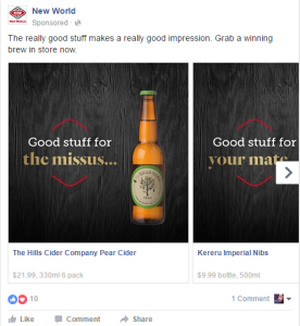 Facebook ad (now removed) for New World (Screencapped by me, 12 April 2016)