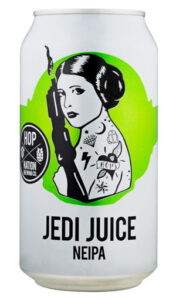 The original can design of Hop Nation's Jedi Juice: it's a while can with a bright green section containing a black and white drawing of Princess Leia from Star Wars, holding a blaster and with her distinctive "space buns" haircut but with the addition of several tattoos, including the word HOPS in a heart design. The main text reads JEDI JUICE NEIPA