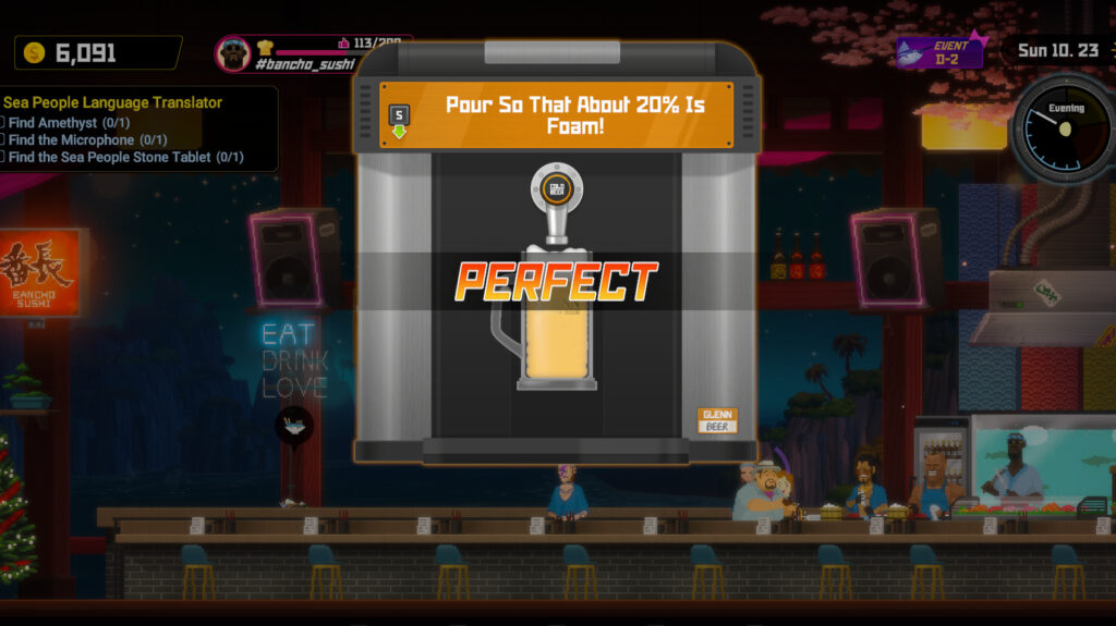 Screenshot from Dave The Diver (from dotesports.com), showing the beer-pouring minigame and its goal of 20% foam