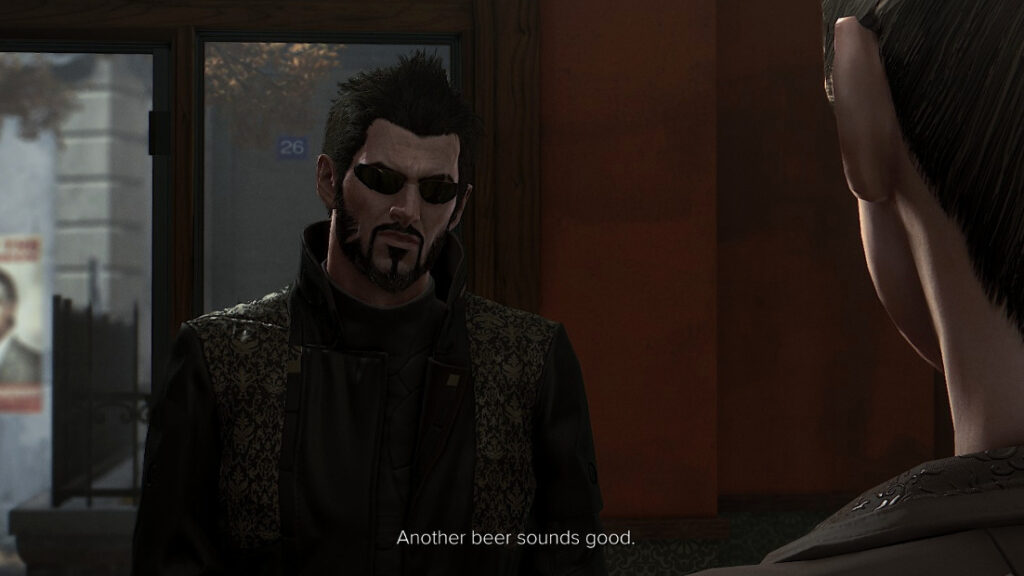 Screenshot from Deus Ex: Mankind Divided, showing cyborg protagonist Adam Jensen looking weary and asking for another beer
