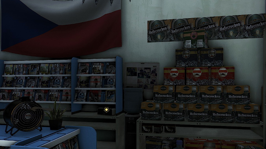 Screenshot from Deus Ex; Mankind Divided, showing the interior of a convenience store, featuring a large Czech flag and a pile of 'Hefecrocken' cartons, which look a lot like Heineken