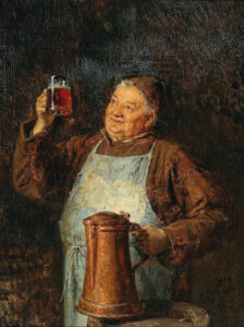 Eduard von Grützner, 'Bierprobe' (1881), a painting of a monk in a blue apron holding up a glass of gorgeous reddish-coloured beer and gazing at it with obvious happiness and satisfaction on his face. In his other hand, he has a large copper pitcher, and the background is a nondescript but warm darkness, bringing out the colour in the beer and his face