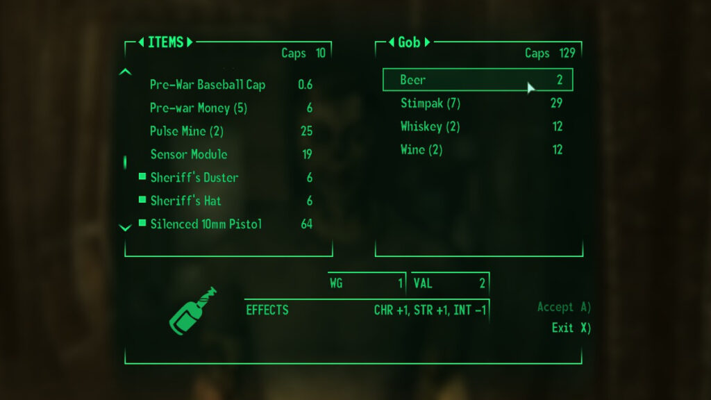 Screenshot from Fallout 3, showing the barter interface with Gob the Ghoul, who is offering beer for sale
