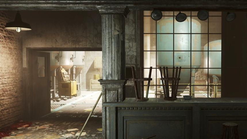 Screenshot from Fallout 4, showing the Gwinnett Brewery taproom, with stools up on the dark bar and brewery gear visible through an open door and window behind the bar