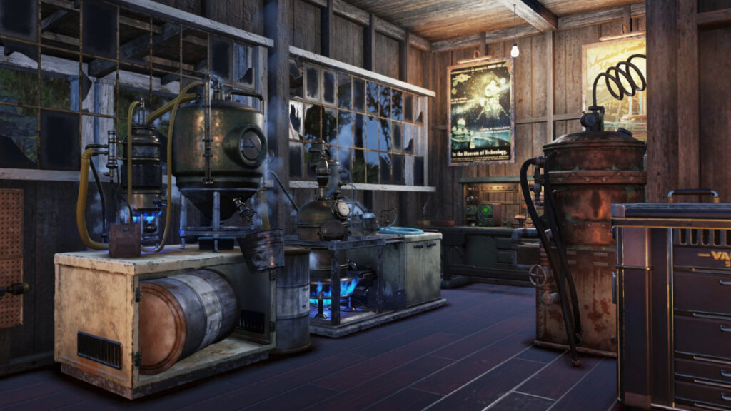 Screenshot from Fallout 76, showing my player-built workshop featuring crafting stations including a fermentation setup