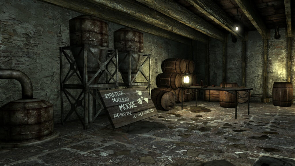 Screenshot from Fallout: New Vegas, showing the hidden bunker with brewing tanks and barrels for Strategic Nuclear Moose