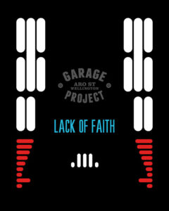 Artwork for Garage Project's 'Lack Of Faith' beer. The image is mostly black but small areas of white and red manage to evoke both the distinctive shape of Darth Vader's helmet and the design of The Emperor's throne room. The beer's name is even in the same pale blue as the "A long time ago in a galaxy far, far away..." opening slide of all Star Wars films