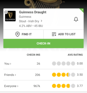 Screenshot from the Untappd app of Guinness Draught, with nearly a million check-ins and an average rating of 3.77 from "everyone" but only 3.50 among my friends. Make of that what you will. I don't rate things