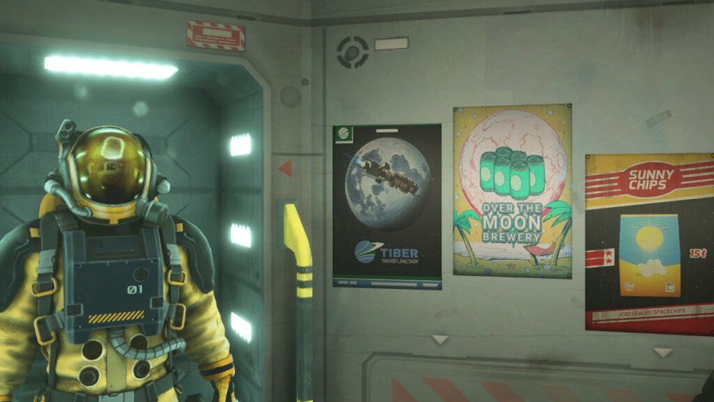 Screenshot from Hardspace: Shipbreaker, showing the player's utilitarian living quarters, their yellow spacesuit stowed and their collection of posters trying their best to make the place home
