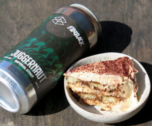 A can of Range-Finback 'Juggernaut' stout, and a small bowl of beeramisu made with it