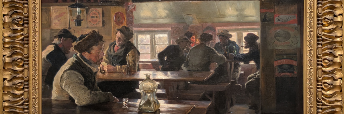A closeup view of a painting, its carved and gilded frame visible on the sides, depicting the interior of a tavern. It's dark inside, but cozy rather than grim, sunlight streams in from a window in center of the image, reflecting on wooden tables where men in old-fashioned clothes sit (alone, in a pair, or a larger group) drinking and talking (or just quietly smoking a pipe, in the case of the solo man)