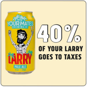 Screenshot of a social media post from Your Mates Brewing depicting a brightly-illustrated can of their 'Larry' beer beside large text reading "40% of your Larry goes to taxes"