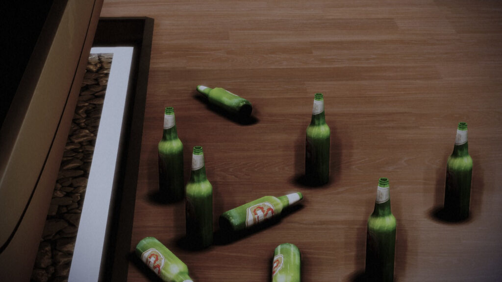 Screenshot from Mass Effect 3's Citadel DLC, showing a collection of empty beer bottles (looking a lot like Stella Artois) at the foot of the protagonist's bed after a party
