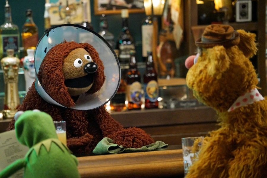 Screenshot from The Muppets (2015) episode 2. Rowlf the Dog is wiping down the bartop in his tavern, wearing a 'cone of shame' and talking to Fozzie Bear while Kermit the Frog sits nearby