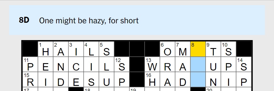 Closeup of the New York Times Crossword for 14 July 2023 with the clue 'One might be hazy, for short'