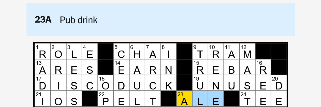 Screenshot of taken after solving the New York Times Crossword, highlighting the clue for 23 across ("Pub drink") and its solution: ALE