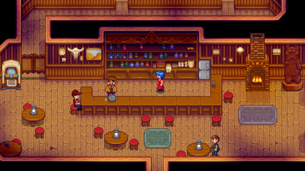Screenshot from Stardew Valley, showing the player sitting at the bar in the Stardrop Saloon